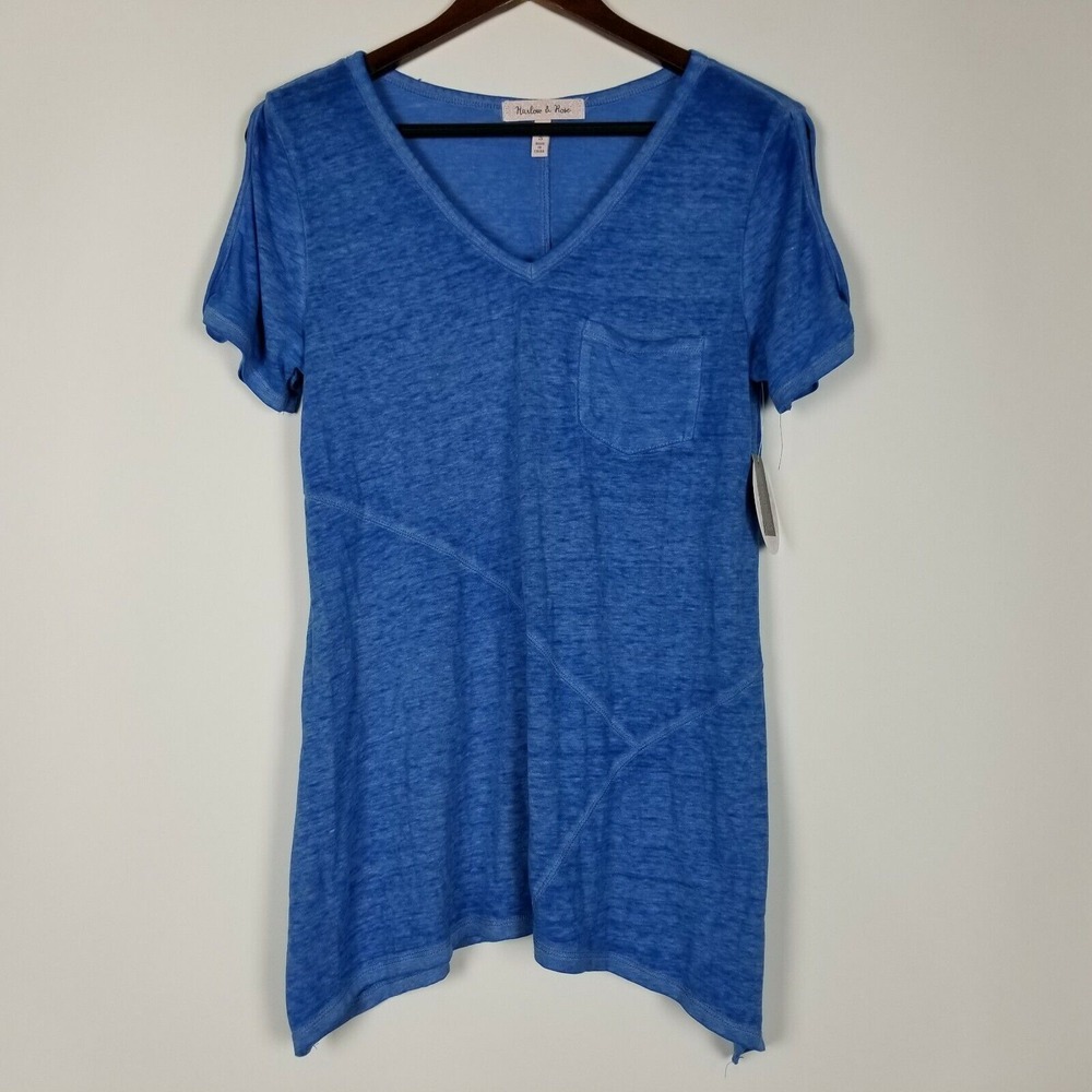 Harlow & Rose Women's Top Size S Blue Short Sleeve Pocket Semi Sheer Shirt New